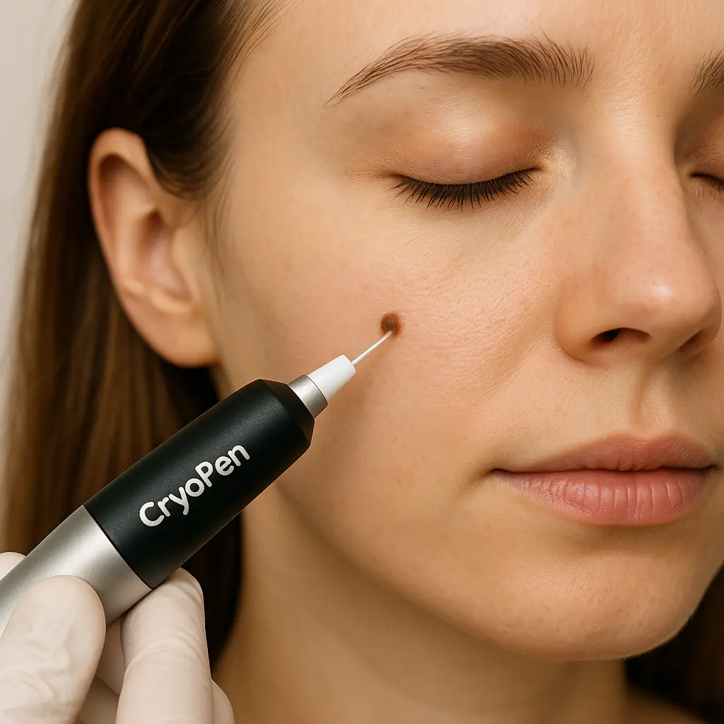 woman receiving facial mole removal Brixton using cryopen 