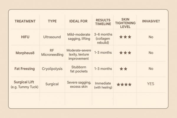 Table showing the comparisons of Skin tightening Brixton treatment options. 